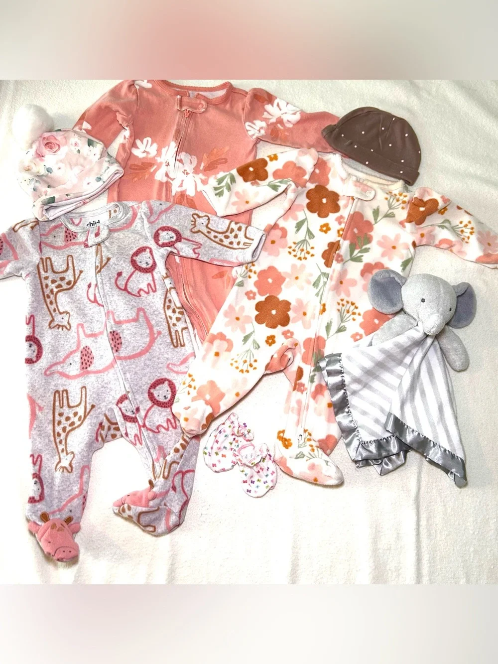 6 Piece Baby Girls Floral/Print Fleece One-Piece Footed Pajamas Elephant Lovie